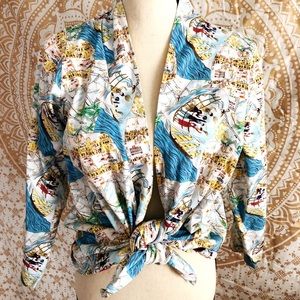Vintage Oriental Print Wrap tie Top 70’s